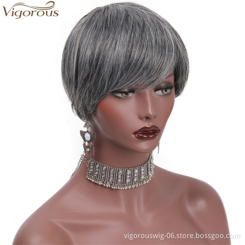 Vigorous Dark Grey Short Straight Hair Wigs with Inclined Bangs Synthetic Heat Resistant Fiber Black Gray Women Hair Wigs